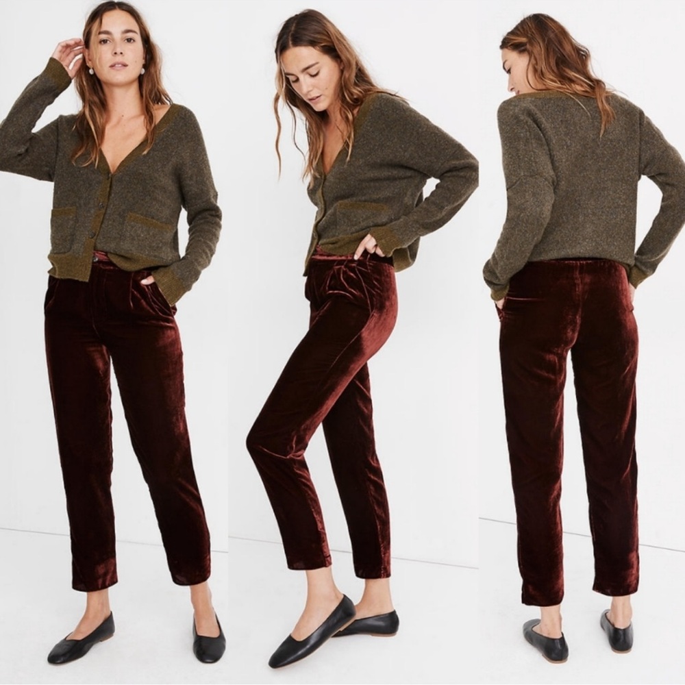 Madewell Velvet Burgundy Tapered Pleat Pull-On Pants Trousers